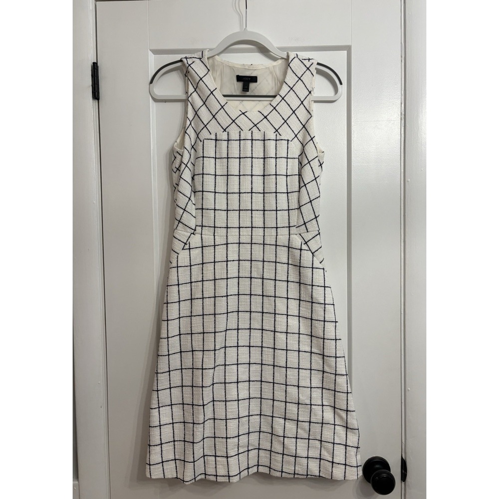 J.Crew Women's Size 4 Sleeveless A-Line Windowpane Tweed Casual Work Ivory Navy
